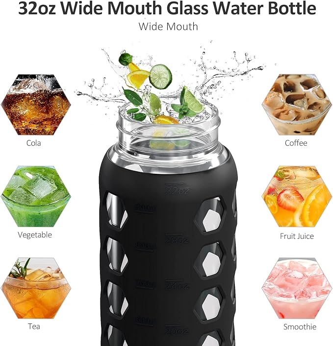 MUKOKO 32oz Glass Water Bottles with 2 Lids-Handle Spout Lid&Bamboo Straw Lid, Motivational Water Tumbler with Time Marker Reminder and Silicone Sleeve, Leakproof-Black-1 Pack