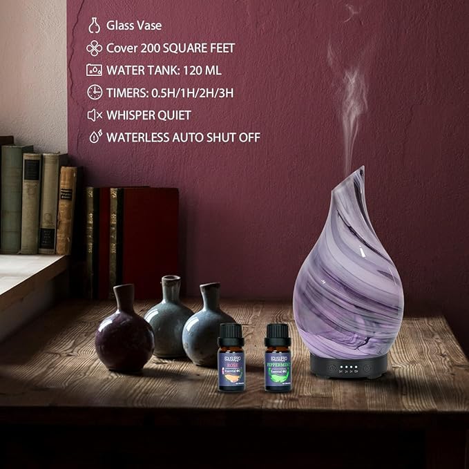 Essential Oil Diffuser Aromatherapy Diffuser - Art Glass Oil Diffuser with Auto Shut-Off Protection 4 Timer Setting 7 Colors Changed LED Night Light for Home Office Decor Gift (Diffuser&Oils Set)