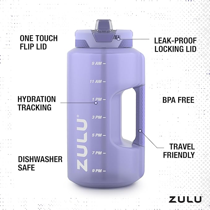 ZULU Goals 128oz Half Gallon Plastic Water Bottle with Straw and Time Marker | Large Reusable Jug with Handle and Leak Proof Lid for All Day Hydration, Gym and Outdoors, Gift Ready, Violet