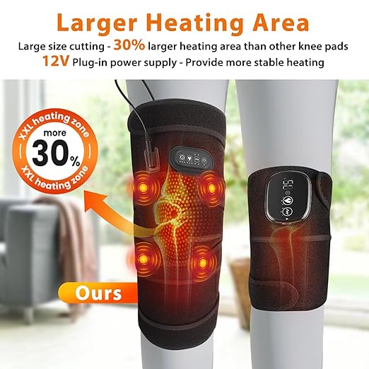 Extra-Large Heated Knee Massager with 4 Motor Vibration, Heating Pad Vibration for Pain Relief, Knee Brace Knee Wrap Adjustable 5 Massage Modes &3 Heated 12V Direct Plug Power Supply