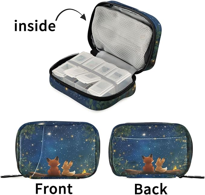 Cute Cartoon Fox Medication Organizer Bag Travel Size Full-Print Zippered Pill Case with Compartments for Handbags Backpacks & More