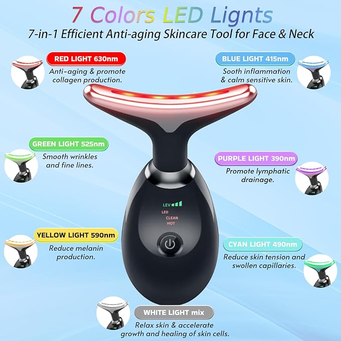 Face and Neck Massager T𝗈𝗈I, 7 C𝗈I𝗈r Facial Massager for Face and Neck, Face 𝖲cuIpting Tool for S𝗄in Care - Black