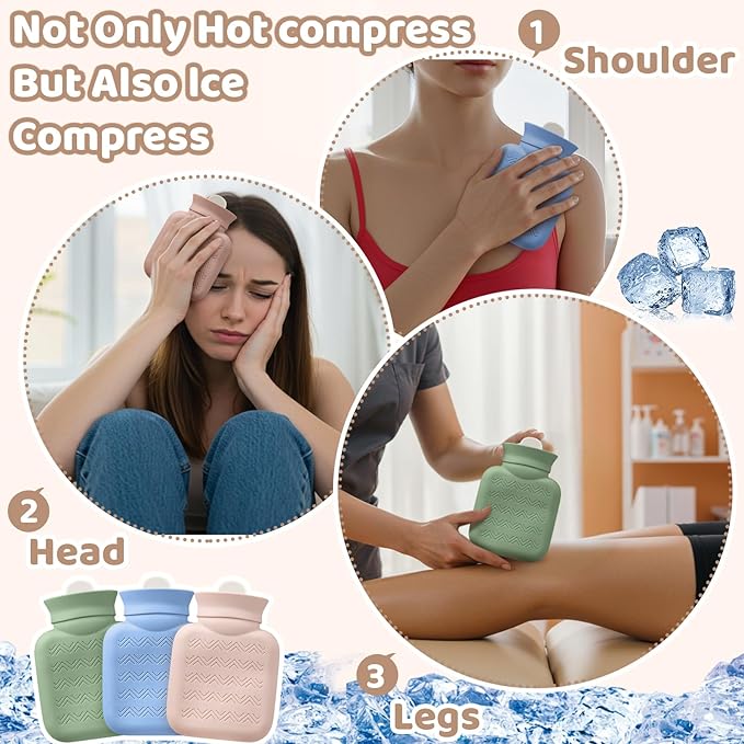 Amylove 3 Pcs Mini Hot Water Bottle for Hot & Cold Compress with Cover 320ml Silicone Microwave Heating Bottles Small Water Bag for Travel Holiday Gift(Beige, Green, Blue,Heart Print)