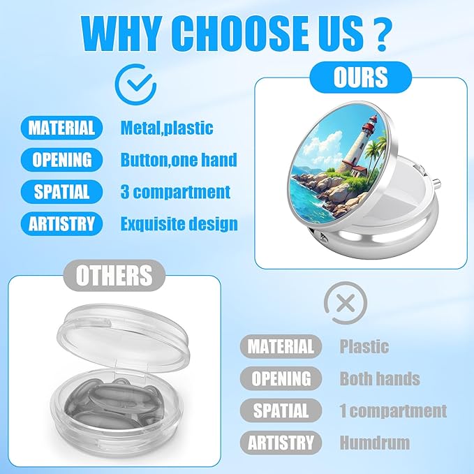 Pill Box, 3 Compartments Small Pill Case Travel Portable Metal Medicine Box with Mirror Mini Container for Purse Pocket Women Men（Lighthouse）