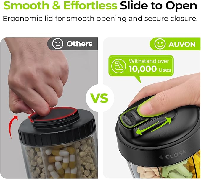 AUVON Portable Pill Dispenser to Store 7 Various Supplements, Travel Pill Organizer Bottle with Anti-Mixing Design, Arthritis-Friendly Pill Container with Wide Opening & Slider Lid, 20 Blank Stickers
