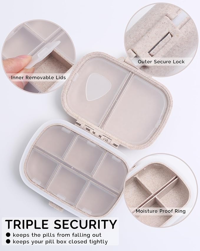 8 Compartments Travel Pill Organizer, Daily Pill Case Small Pill Box for Pocket Purse, Portable Pill Container Medicine Vitamin Organizer (Khaki)