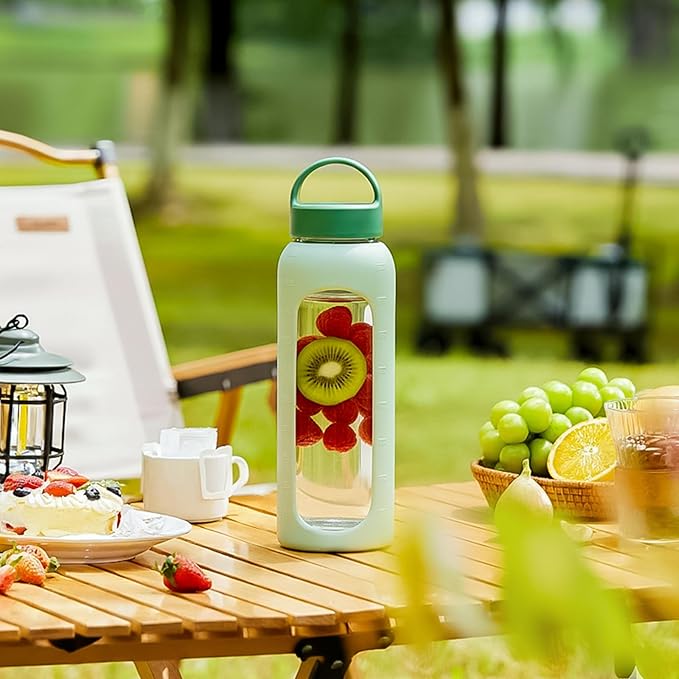 Kodrine Glass Water Bottle 32 oz-Light Green/Borosilicate Glass Motivational Water Bottle with Straw and 2 Lids,Silicone Sleeve,Time Marker,Dishwasher Safe and BPA Free for Travel,Sports