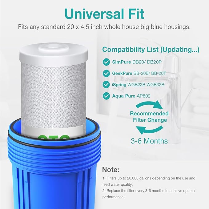 SimPure Whole House Water Filter Cartridges 5 Micron 20" x 4.5" CTO Activated Carbon Block, For DB20P, FC25B, CTO20BB, WHB20, 6 Pack