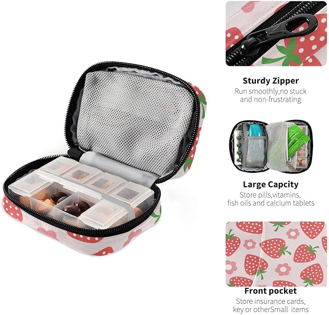 Strawberry Fruits Floral Pill Box 7 Day Pill Case Travel Pill Organizer Bag with Zipper Portable Weekly Vitamin Medicine Supplement Holder Pouch Bag
