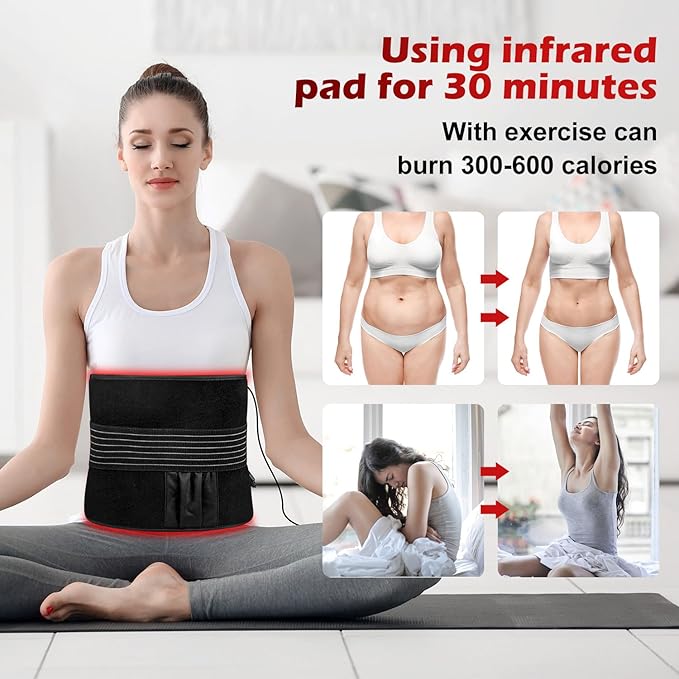 Red Light Therapy for Body, 24" x 12" Large Infrared Red Light Therapy Belt Pad with Timer for Back Belly Shoulder Muscle Pain Relief, 32W Portable 660nm 850nm Home Heating Light Therapy