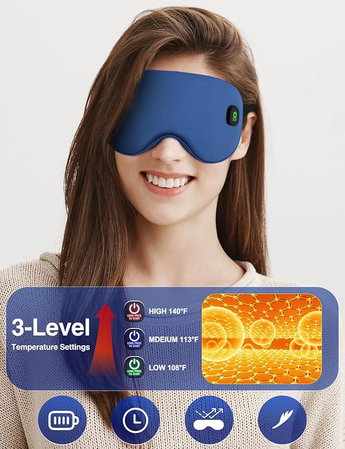 Heated Eye Mask-Cordless Warm Eye Compress Heated Eye Mask for Dry Eyes, Blepharitis,Light Blocking Heat Eye Mask for Men Women, Electric Warm Eye Mask for Airplane Sleeping for Travel (Navy Blue)