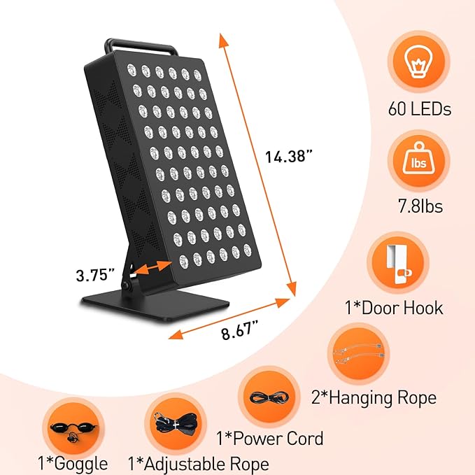 Red Light Therapy Panel 5 Wavement 60 Dual Chip LEDs 630+660+810+830+850nm Red and Near Infrared Lamp Therapy Device 100W with Timer & Stand for Body Pain Relief Face Skin Health Sleep Black