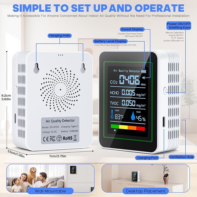 Indoor Air Quality Monitor,LXIANGN 5 in 1 Professional Air Quality Detector for CO2 | TVOC | HCHO | Temperature | Humidity for Home, Hotel, Office, Car (White)