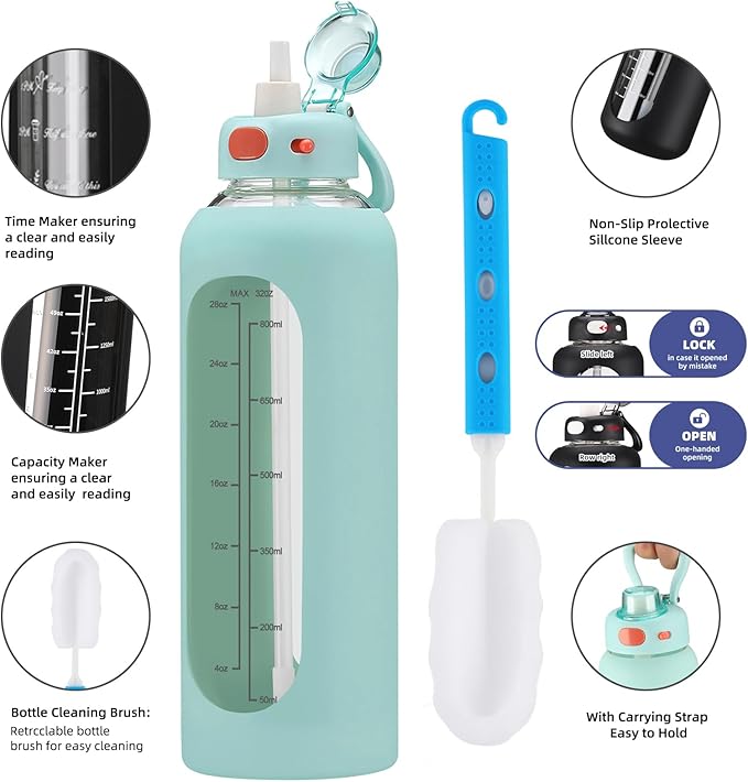 SIEROZUR 32 oz Glass Water Bottle with Straw and Handle 1 Liter Glass Water Bottle with Silicone Sleeve and Time Marker Sports Water Jug Wide Mouth for Travel Gym
