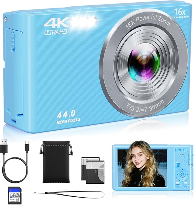 Digital Camera 4K, Autofocus Digital Compact Digital Camera,16X Digital Zoom Upgraded Travel Camera with 64GB SD Card,2 Batteries,Small Camera for Teens Kids Boys Girls,Blue