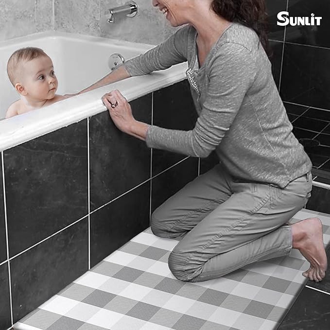 Sunlit Set of 2 Anti Fatigue Kitchen Floor Mat, Non Slip Waterproof Comfort Standing Mat, 0.4 Inch Thick Cushioned Farmhouse Kitchen Rug Runner, Gray and White Buffalo Plaid(Size:17"x28"&17"x47")