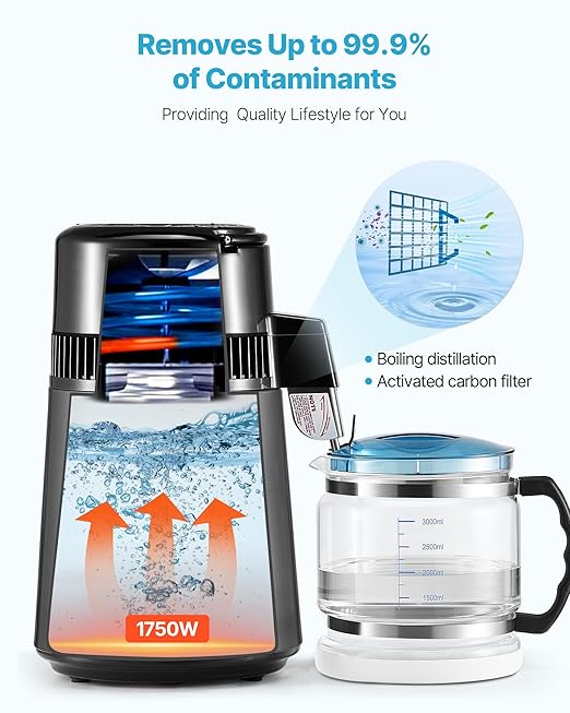 VEVOR 1750W Water Distiller, 0.4Gal/H Distilled Water Maker with Glass Carafe, 4L/1.1Gal Countertop Distiller Machine, 0-99H Time Temp Dual Display, Anti-Dry Design 304 Stainless Steel Still, Grey