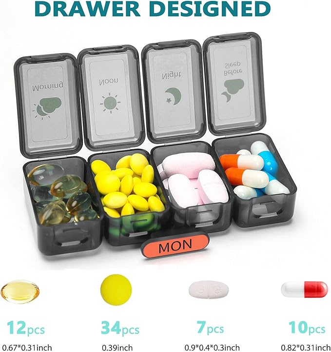 Weekly Pill Organizer 7 Day 4 Times a Day， Large Pill Box Organizer with Drawer Designed， Daily Pill Organizer to Hold Medicine, Medication, Vitamins and Fish Oils (Black)