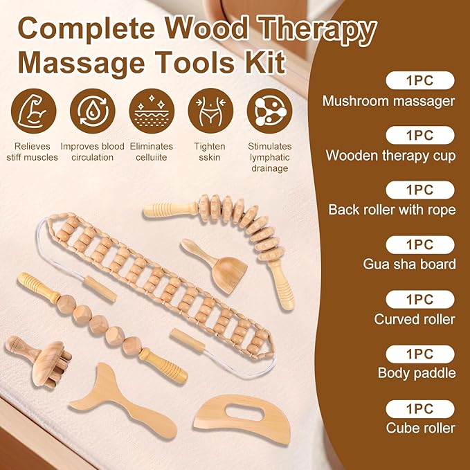 7-in-1 Wood Therapy Massage Tools for Body Sculpting & Lymphatic Drainage - Professional Maderoterapia Kit, Natural Wooden Therapy Tools for Cellulite Reduction