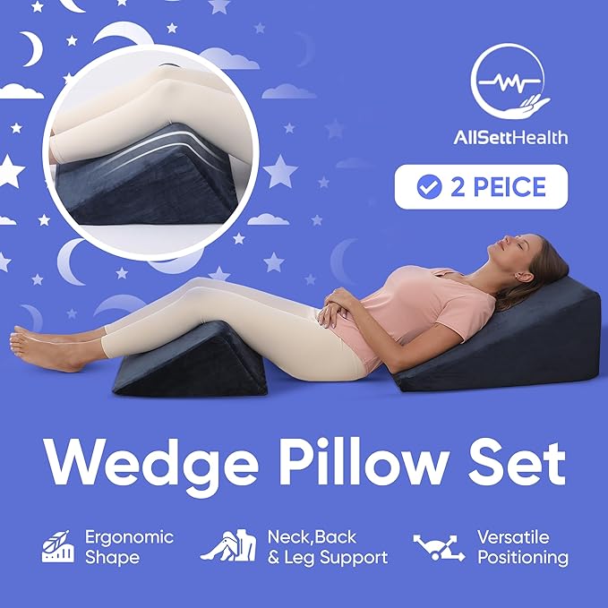 AllSett Health Bed Wedge Pillow – 2 Separate Memory Foam Incline Cushions, System for Legs, Knees and Back Support Pillow