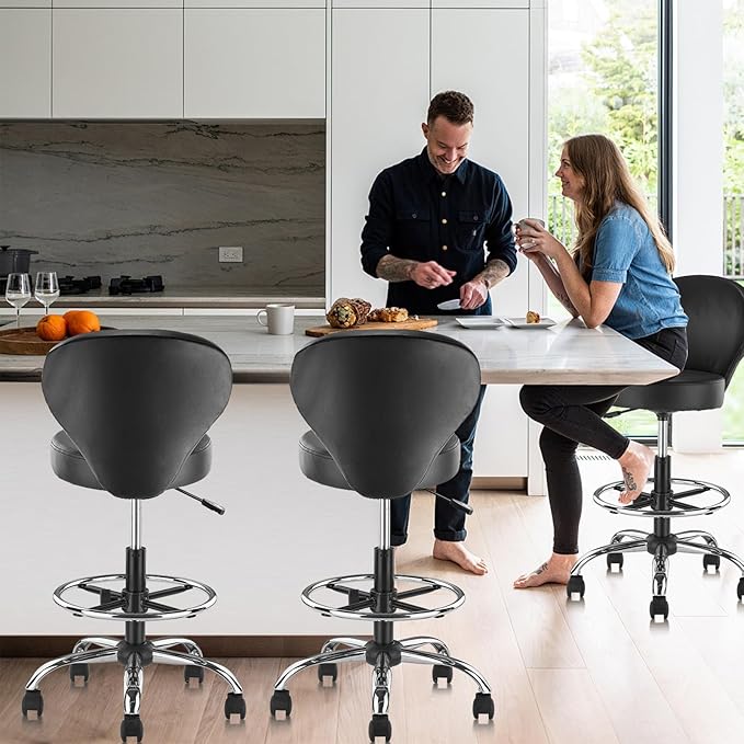 Leather Drafting Stool Chair Padded Seat 360° Swivel Rolling Stools Adjustable Height with Ergonomic Backrest and Footrest, Tall Office Chair for Standing Desk, Studio, Labs, Black, 4 Pack