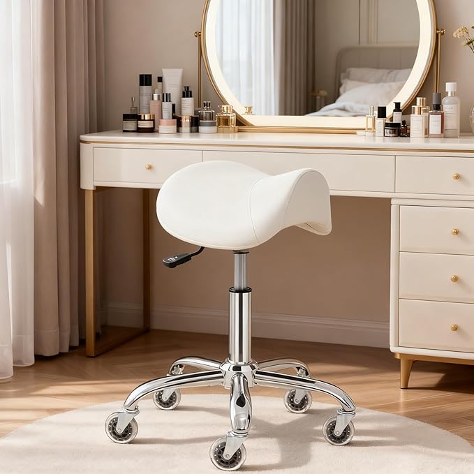 Saddle Stool, Ergonomic Saddle Chair with Wheels 450 LBS, Adjustable Height Swivel Salon Stool, Rolling Stool for Home Office Tattoo Massage Clinic Lab Beauty (White)