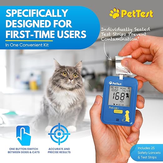 PetTest Beginner Glucose Monitoring Kit for Dogs & Cats, Diabetic Pet Blood Sugar Check Gear, Includes Wireless PetLink+ Meter, 25 Test Strips, 25 Safety Lancets, Soft Carrying Case, and more