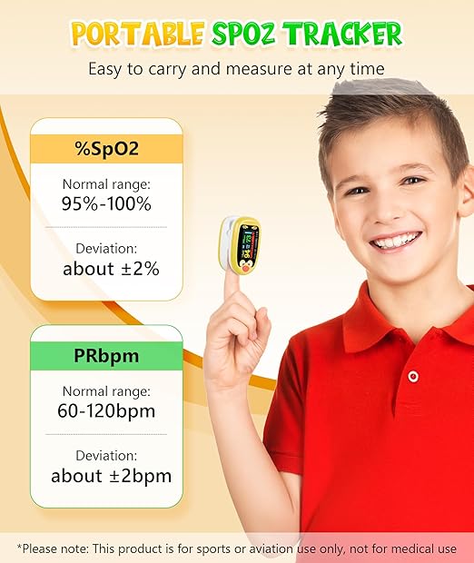 Fingertip Pluse Oximeter for Small Fingers, USB-C Rechargeable Oxygen Monitor, Cute Cartoon Design, Sports & Aviation Use, Applicable for Kids & Children (Yellow)
