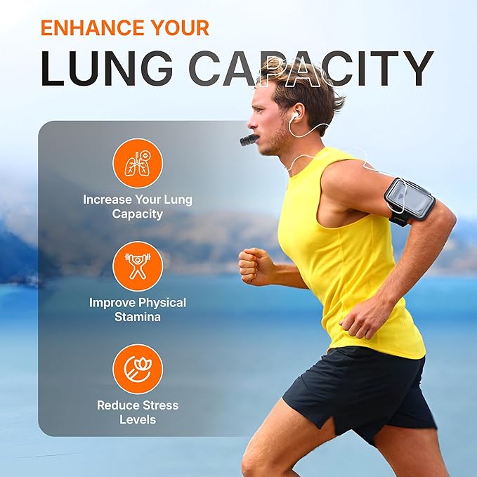 Portable Compact Lung Trainer Exercise Device with High Grade Silicone, Breathing Exercise Device for Lungs, Portable Muscle Trainer, Easy to Clean, Neck Strap Included, (Black-1)