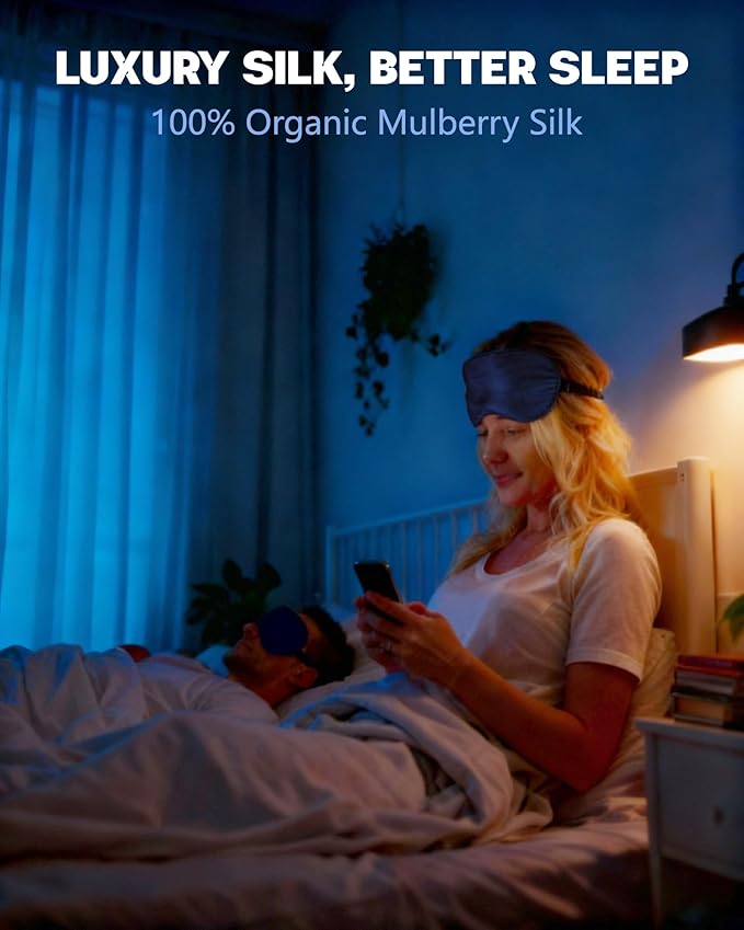 100% Mulberry Silk Sleep Mask with Adjustable Strap, 16-Momme Light-Blocking Eye Mask for Sleeping, Hypoallergenic Silk Eye Masks for Women and Men, Perfect Travel & Gift Choice（Navy Blue）