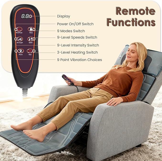 Full Body Massage Mat with Heating, Detachable Shiatsu Neck Massager, Vibration Massage Mats with Lumbar Pillow, 9 Vibration 3 Timer Settings, Gift for Men Women Parents Christmas