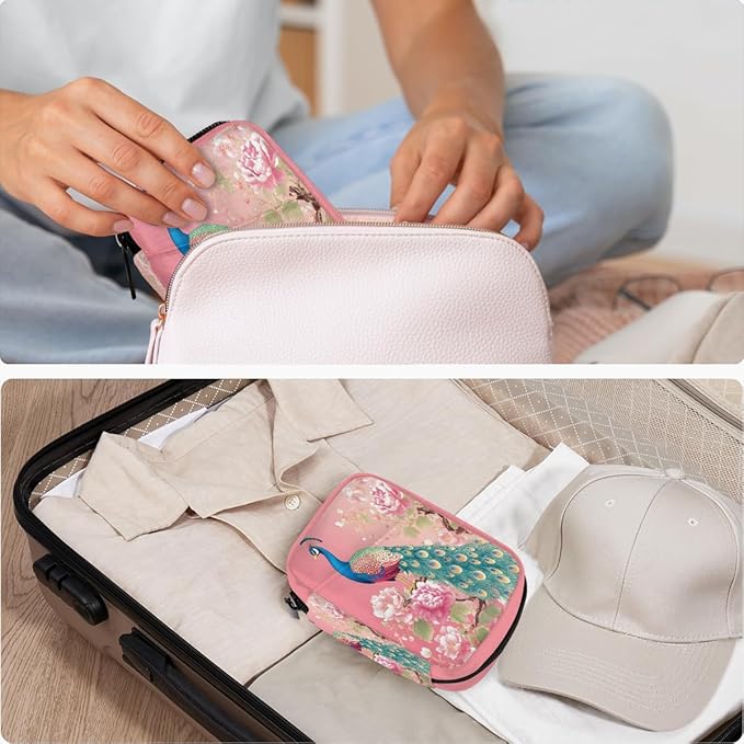 Pink Flower Peacock Pill Case Travel Pill Organizer Weekly 7 Day Portable with Zipper Medicine Box Pill Case for Vitamins, Birth Control,Fish Oils,Medication, Supplements