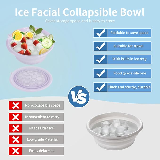 Face Tub for Ice Bath with Built-in Ice Tray – Collapsible Silicone Facial Ice Bath Bowl for Cold Plunge Therapy, Skin Tightening & Acne Relief – Portable Spa Tool for Home & Travel(Purple)