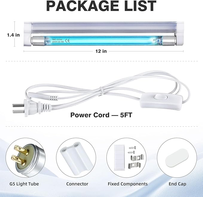 COOSPIDER 6W U/V/C Light Lamp, 253.7nm Sanitizer Lamp with 5ft ON/Off Switch Cord and Plug, 110V Ozone Bulb for Shoes Closet Cabinet Bathroom, Ideal Gift