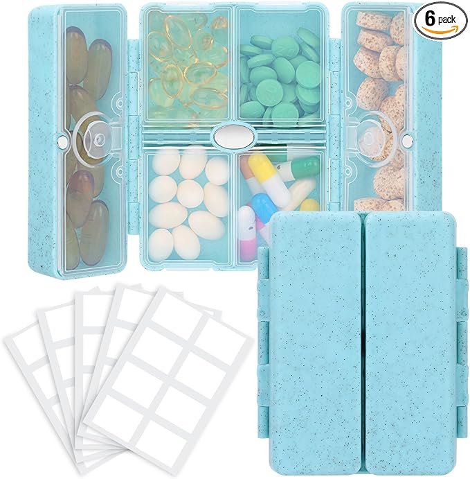 FYY Travel Pill Organizer with Blank Lables,6 Compartments Magnetic Pill Organizer Pill Box for Purse Pocket to Hold Vitamins,Cod Liver Oil,Supplements and Medication-Blue