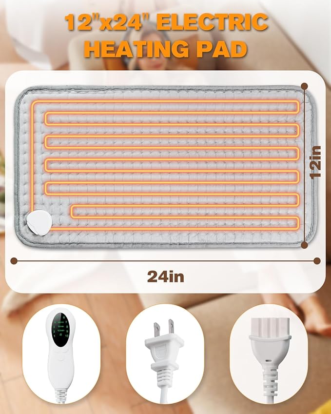 Electric Heating Pad for Period Cramps & Back Pain Relief, Birthday & Mothers Day Gifts for Mom Dad Women Men, Portable Heat Pad for Neck and Shoulders, 10 Heat Settings, ETL Certified, 12"x24", Gray