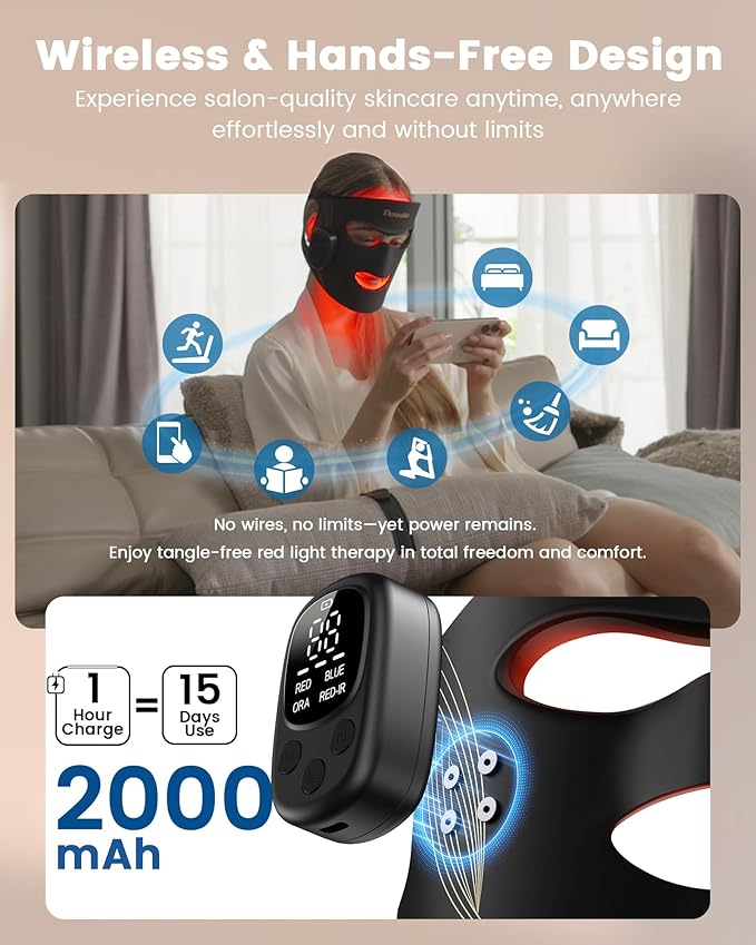 Red Light Therapy for Face Wireless with 400 Leds, 360° Led Face Mask Light Therapy with 4 Modes & Near-Infrared, 2000mAh Rechargeable Led Face Mask with Eye Protection for Anti-Aging & Radiant Glow