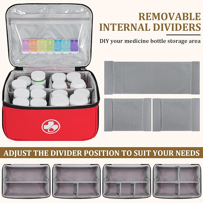 Dual Layers Medicine Organizer Bag, Pill Bottle Organizer Storage with Lockable Zipper, Lockable Medicine Travel Case for Pills, Vitamins, Medical Supplies, Red（Lock not Included）
