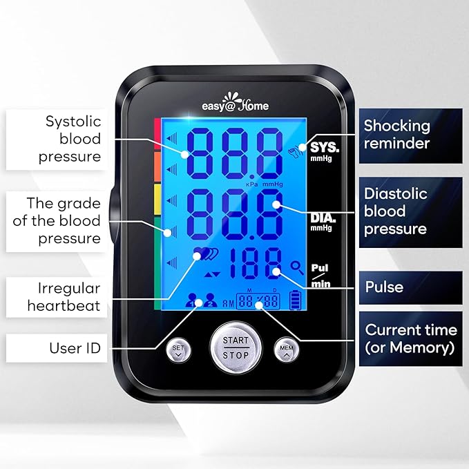 Easy@Home Blood Pressure Monitor: Accurate Cuff Automatic Blood Pressure Monitor with Free App MyHeartPal - 3 Color Backlit Display 8.7”-16.5” Large Cuff, Not Bluetooth EBP-095 Black