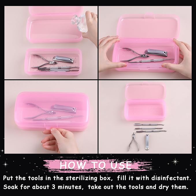 Nail Tool Sterilizer Box Plastic Sterilization Tray for Nail Art Accessories Tools, Disinfectant Container Soaking Box with Strainer Pedicure Manicure Cleaning Equipment, Pink