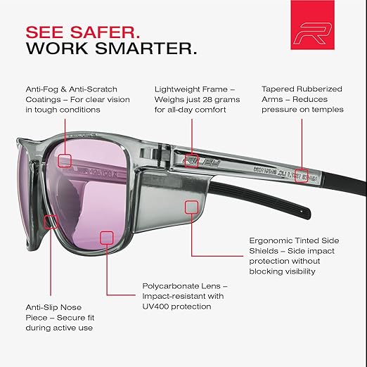 Riley Navigator X Safety Glasses – Anti-Fog, Scratch/Impact Resistant & UV Blocking HD Lenses, Lightweight Full-Frame for Work, Outdoors, & Active Lifestyles, Gray