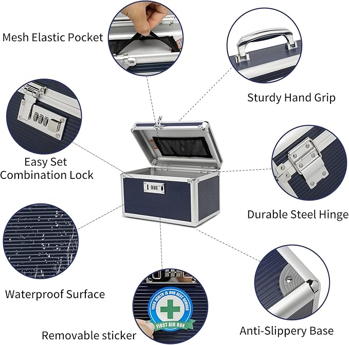 Combination Locking Medication Box with Portable Storage Case, 10.2 x 6.8 x 6.8 Inch, Childproof Medicine Lock Organizer, Lockable Box for Documents & Valuables (Blue/Small)