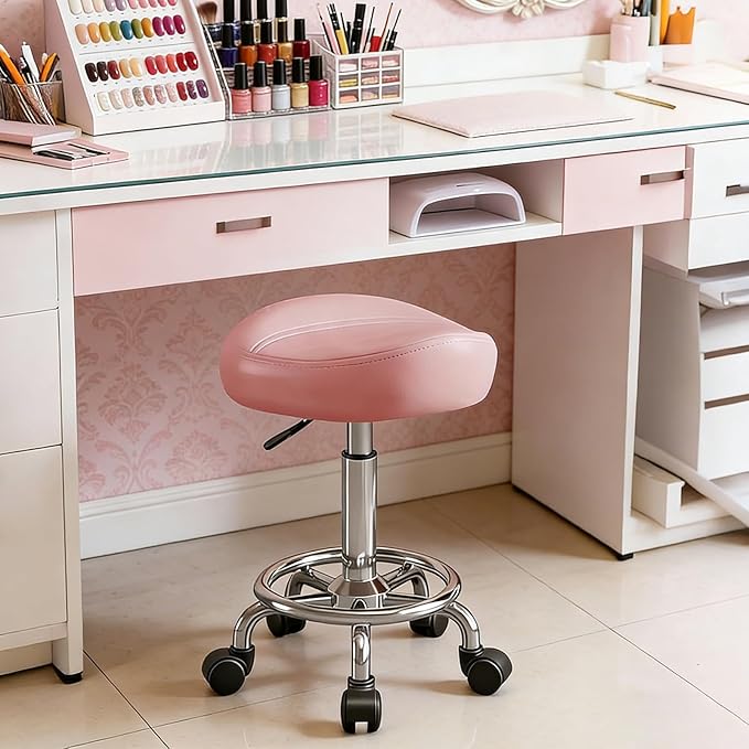 Saddle Stool, Adjustable Height Ergonomic Swivel Chair with Wheels, PU Leather Saddle Seat with Ring Pedal for Salon, Massage, Clinic, Lab, and Office