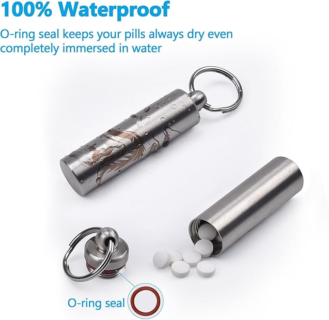 aiGear Stainless Steel Mini Pill Case Inner Diameter 0.48 Inch with Necklace Light Weight Pill Holder Waterproof Small Keychain Pill Box for EDC Outdoor Hiking Camping Travel First Aid