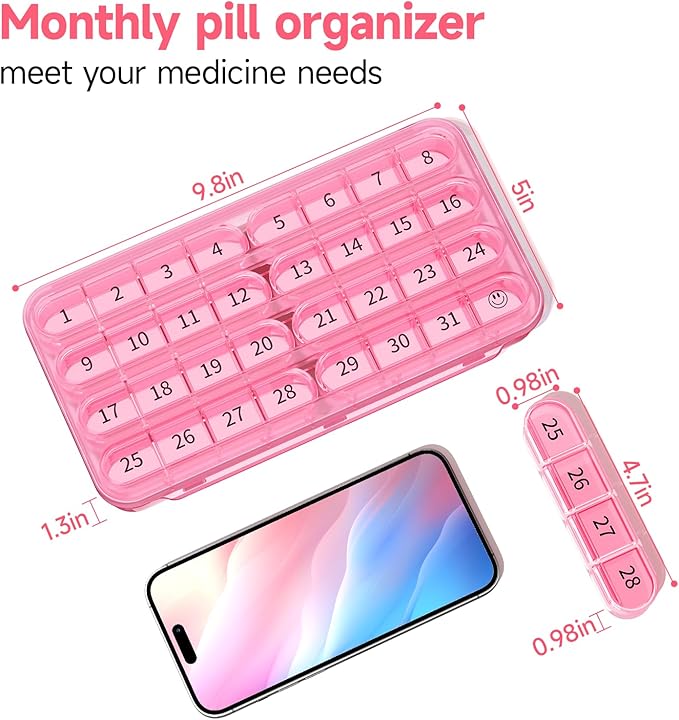 Zoksi Monthly Pill Organizer 1 Time a Day, 30 Day Pill Box Organizer Once a Day, One Month Large Pill Case for Travel, 31 Day Daily Medcine Container for Vitamins, Supplement & Medication (Pink)