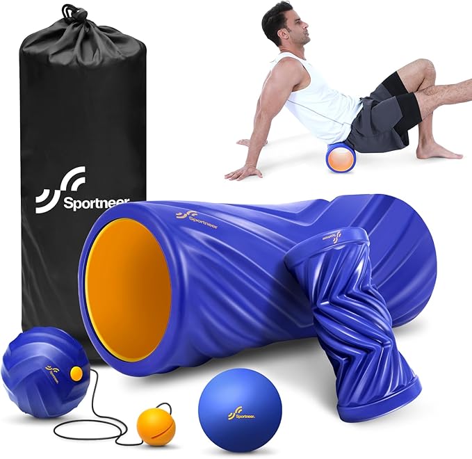 Sportneer 4 in 1 Foam Set, Muscle Relax Kit with 2 Textured Foam Pilates Rollers, Stringed Exercise Ball, Lacrosse Ball for Muscle Shoulder Back Leg Whole Body Relax Fitness Yoga