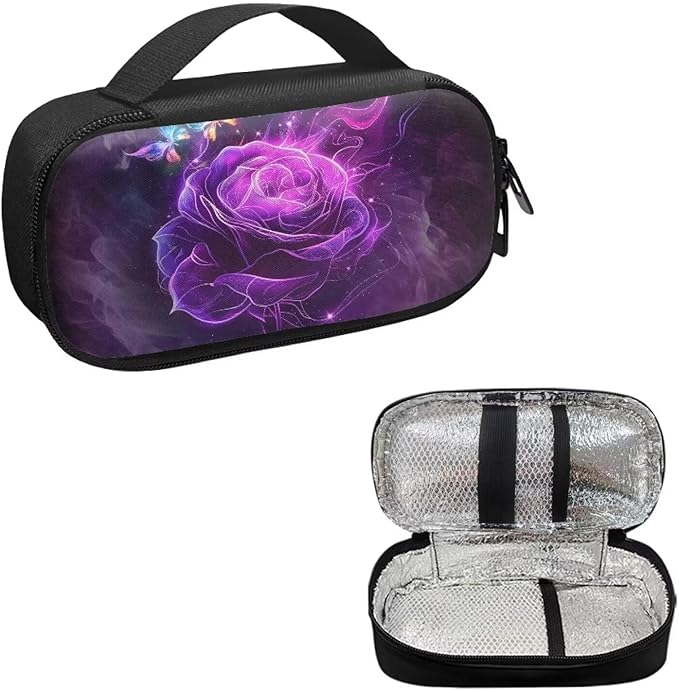 Purple Rose Butterfly Insulin Travel Bag with Handle for Insulin Pen & Medication Diabetic Care Dustproof Glucose Meter and Diabetic Supplies Storage Bag for Daily Life & Trip