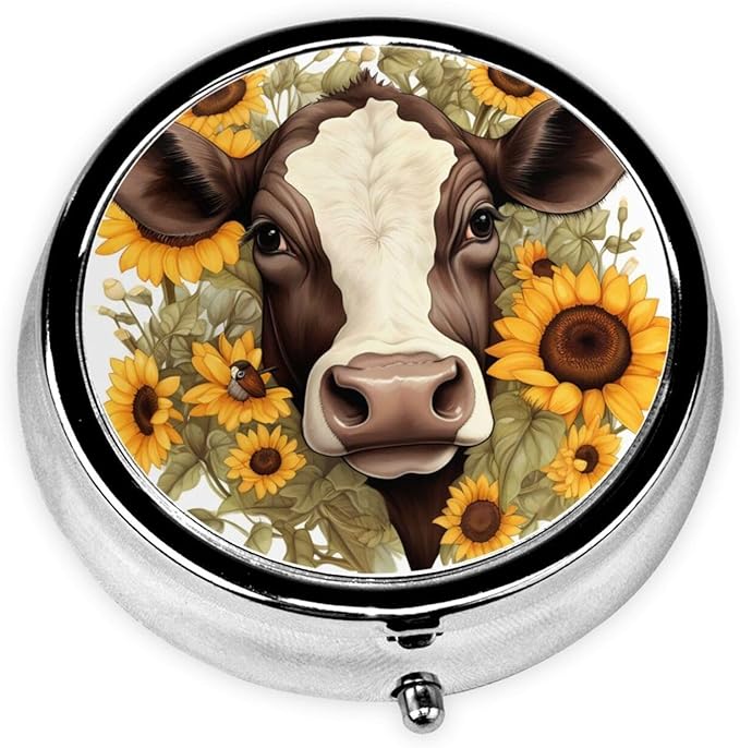 Sunflower Cow Pill Box 3 Compartment Pill Case, Portable Medicine Pill Organizer for Pocket Purse Pill Box Decorative Metal Medicine Vitamin Organizer