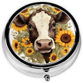 Sunflower Cow Pill Box 3 Compartment Pill Case, Portable Medicine Pill Organizer for Pocket Purse Pill Box Decorative Metal Medicine Vitamin Organizer