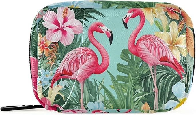 Tropical Flamingo Palm Leaves Pill Organizer Case Summer Floral 7 Day Travel Pill Box with Zipper Portable Weekly Vitamin Medicine Supplement Holder Pouch Bag
